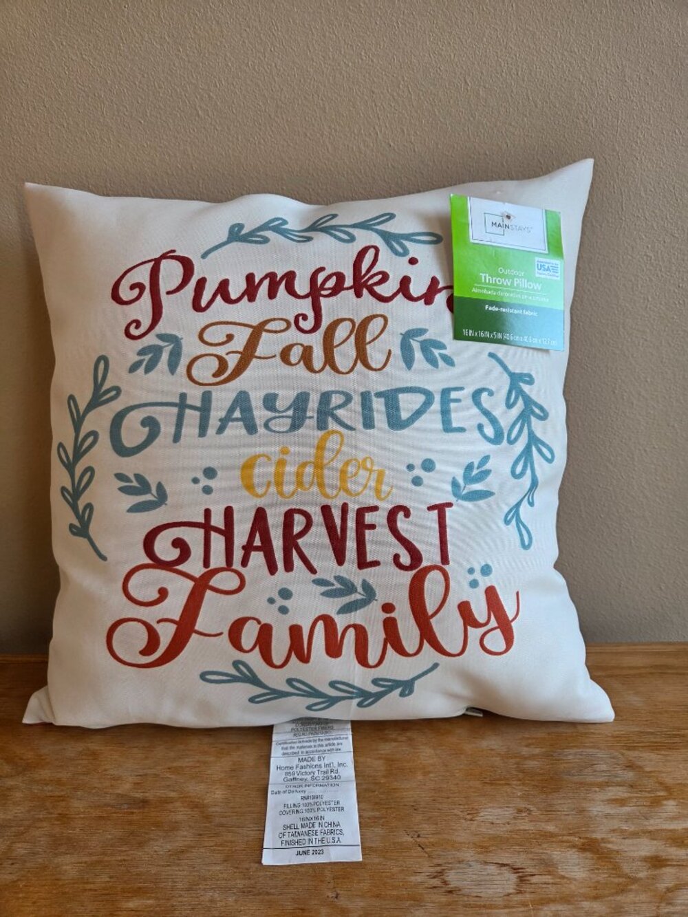 Mainstays Outdoor 16"x16" Throw Pillow Pumpkin Fall Harvest Cider Family